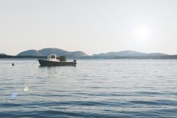 Traditional wooden Maine lobster boat floating in calm waters off Bar Harbor, near Acadia National Park.